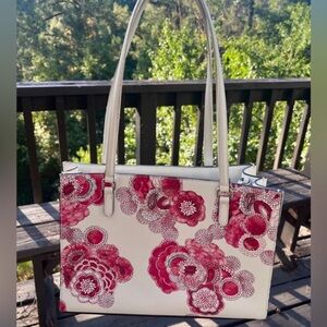 DKNY White Floral Leather Inner Pockets Double Handle Tote Bag Purse Good Shape